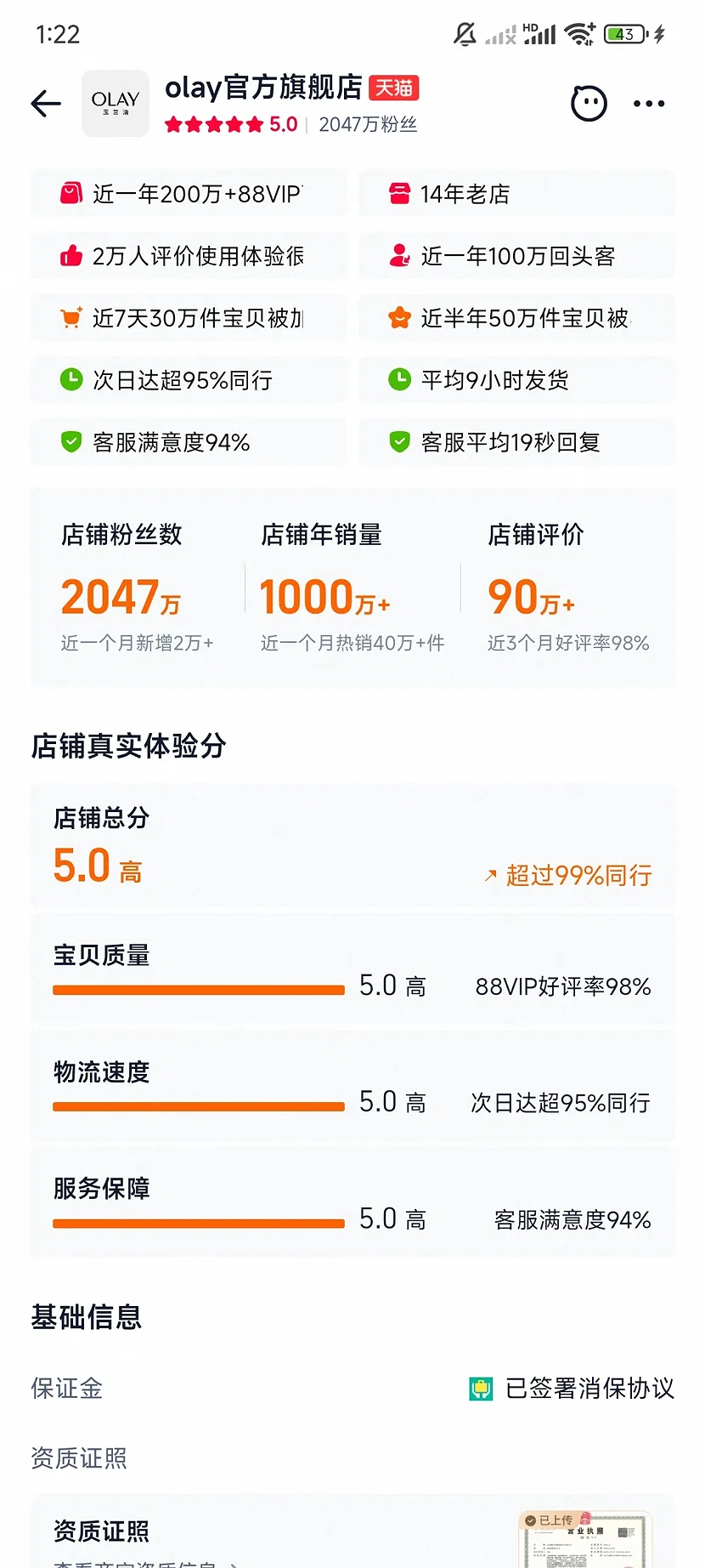 天猫OLAY官方旗舰店,5.0分,2047万粉丝,14年老店