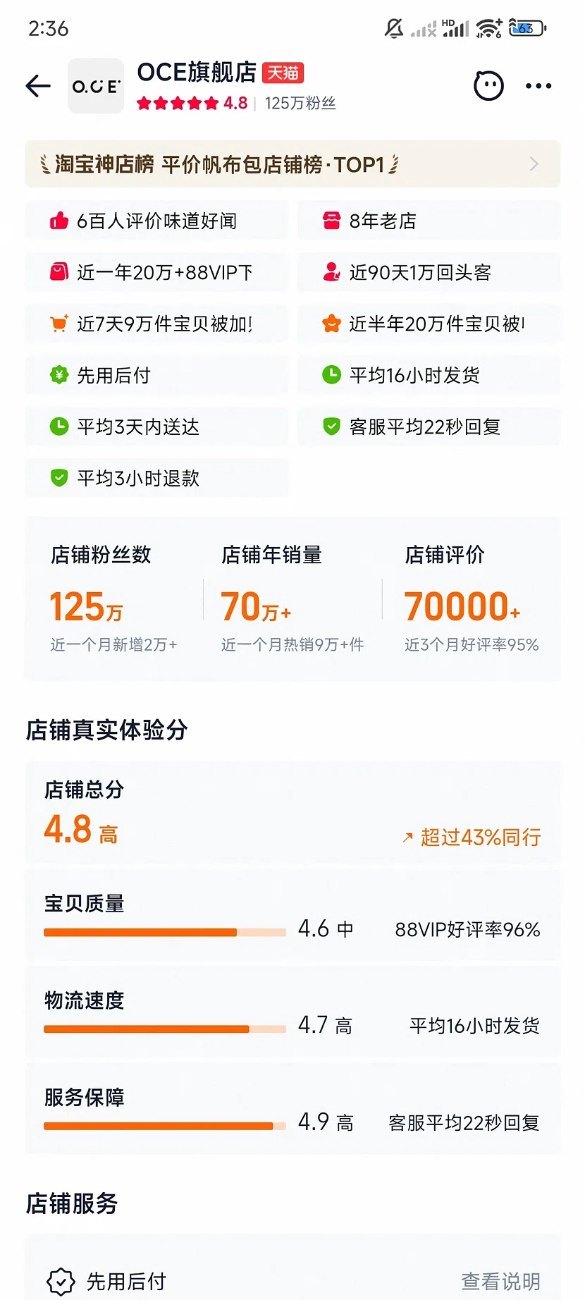 天猫OCE官方旗舰店,4.8分,125万粉丝,8年老店