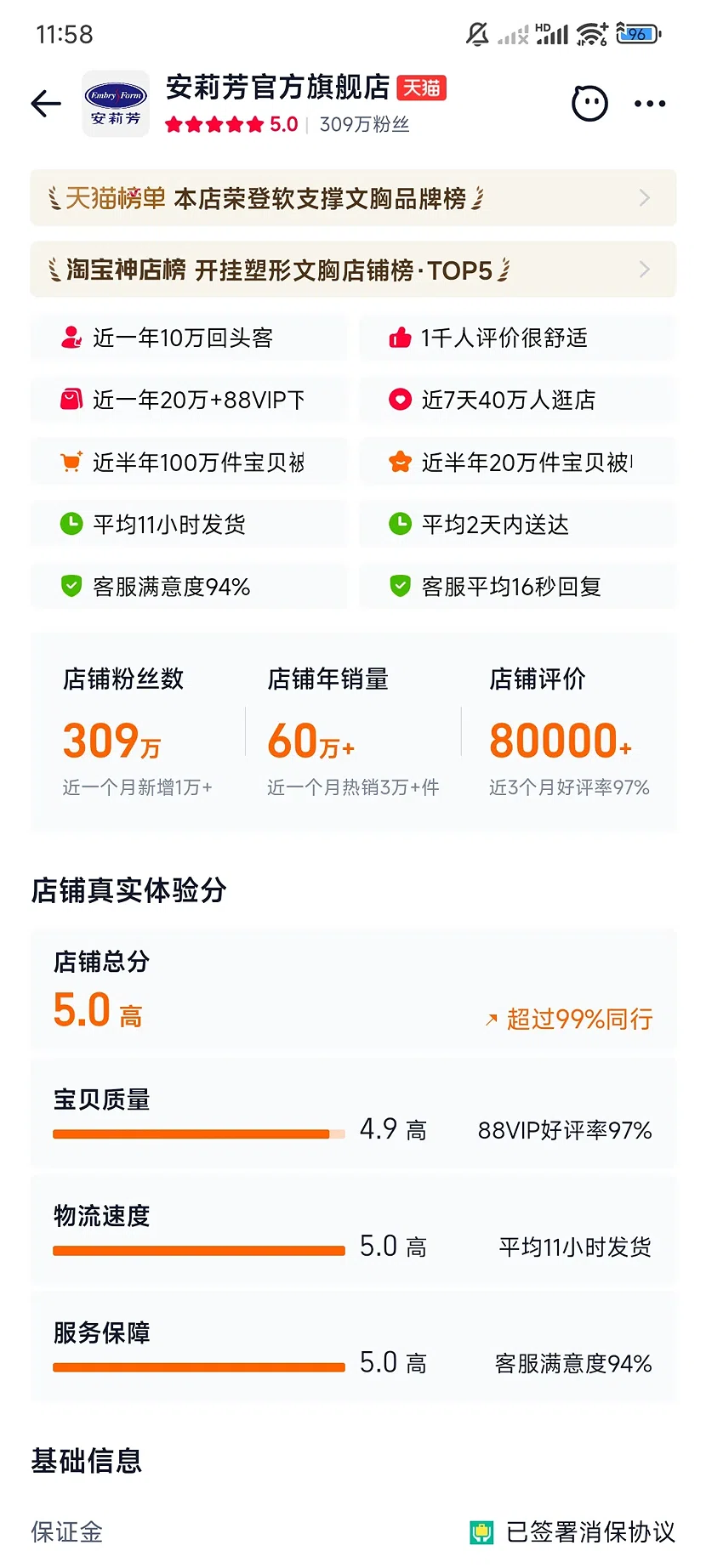 天猫安莉芳官方旗舰店，5.0分，309万粉丝