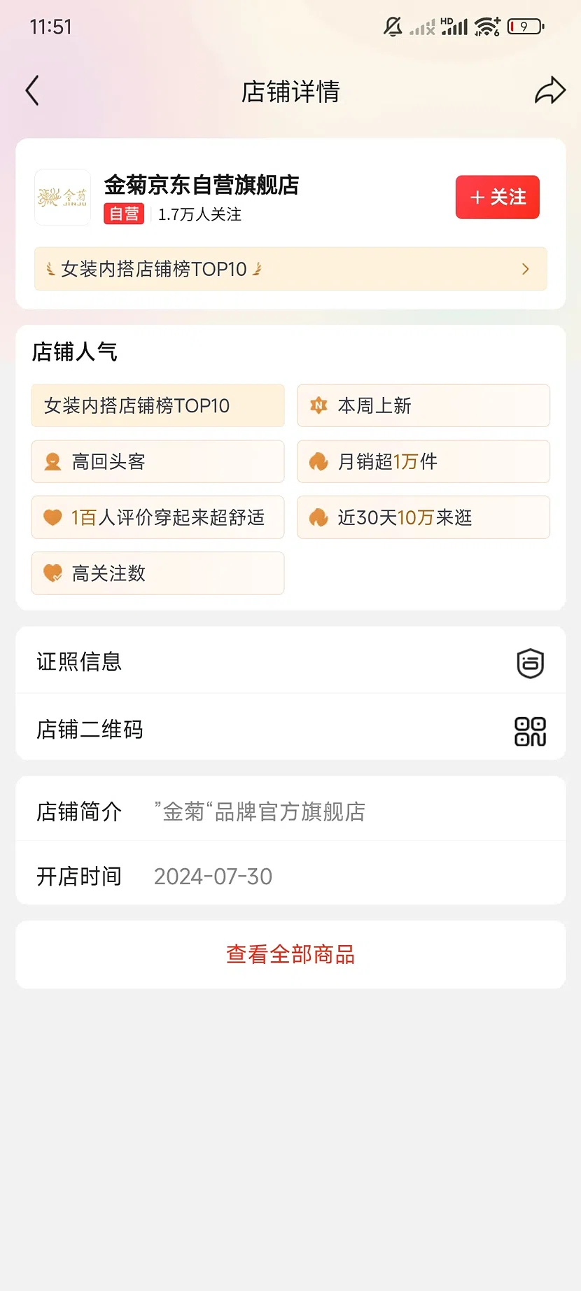 京东金菊自营旗舰店,1.7万关注