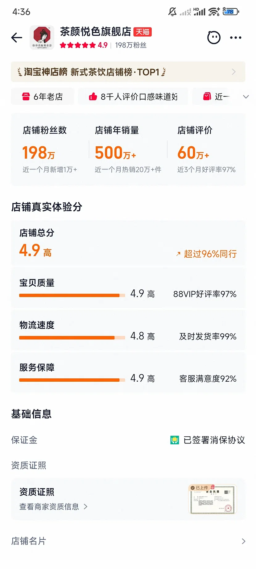 天猫茶颜悦色旗舰店，4.9分，198万粉丝，6年老店